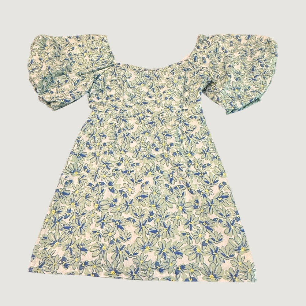 Milk and Honey Floral Puff Sleeve Mini Dress Blue Green Cotton Smocked Back M